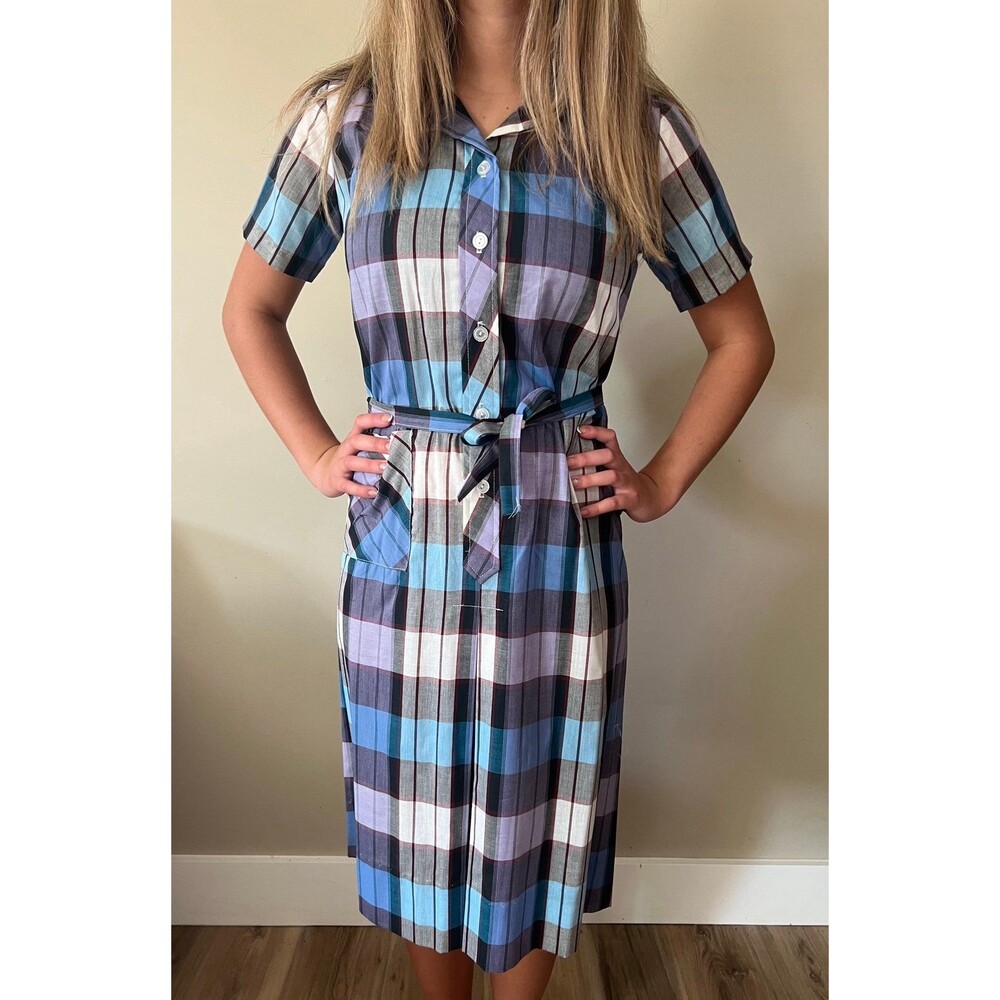 1960’s BNWT Vintage Deadstock Blue/Purple Plaid Shirt Dress w/Pocket sz 10